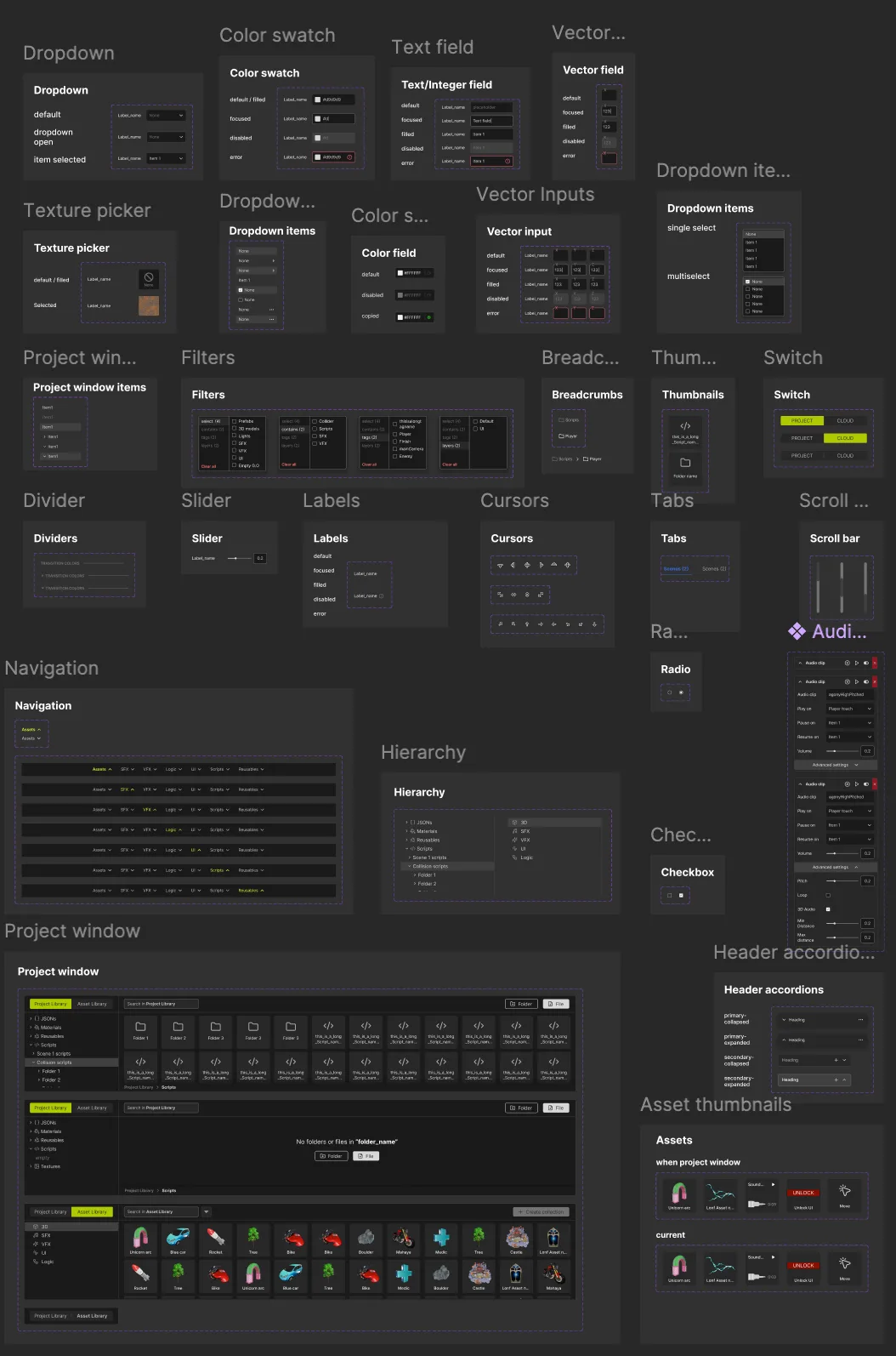 RT Studio component library: dropdown, vector inputs, navigation, asset thumbnails