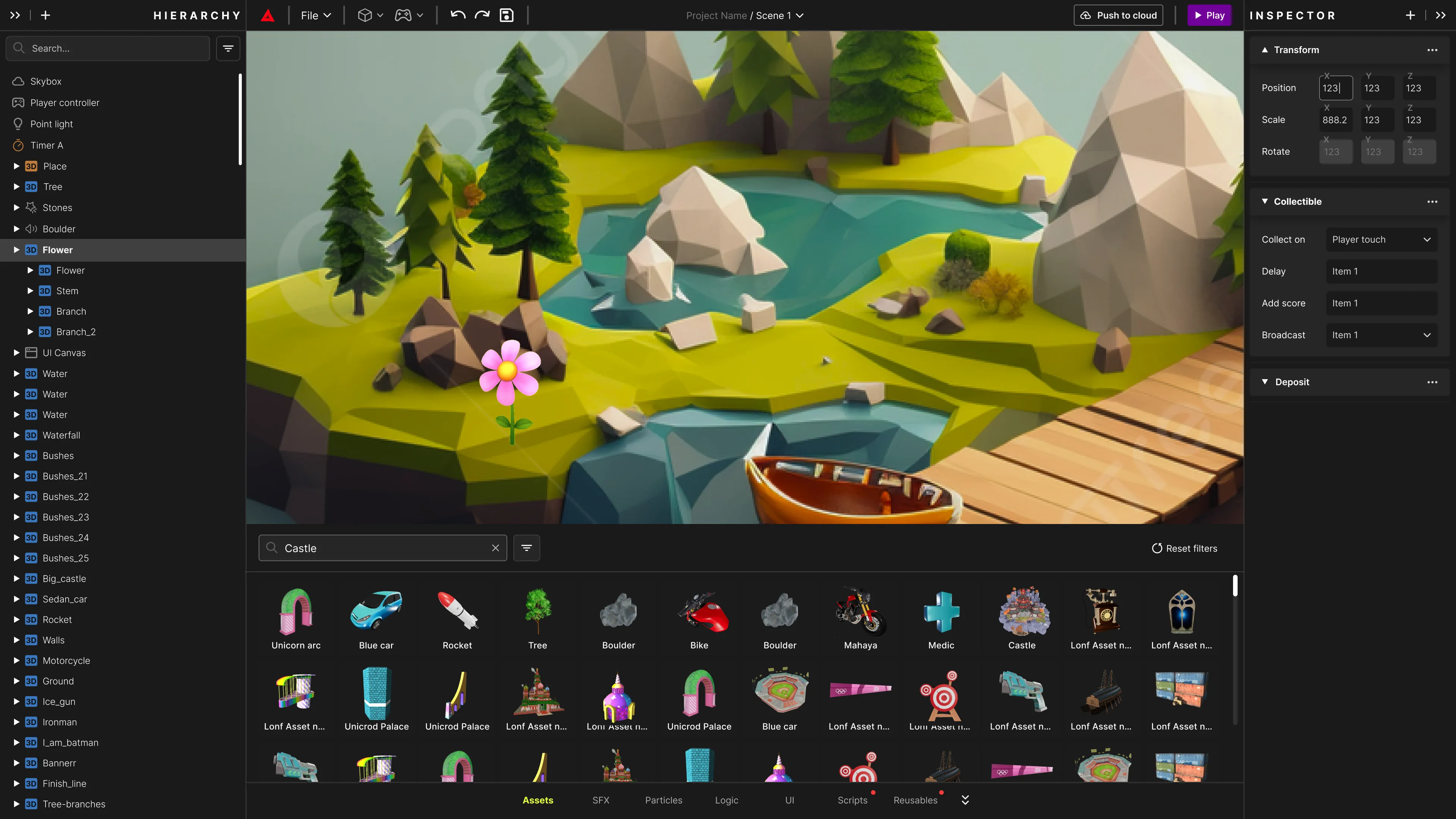 RT Studio V2: full game engine interface showing Hierarchy, 3D Viewport, Inspector, and Asset Panel