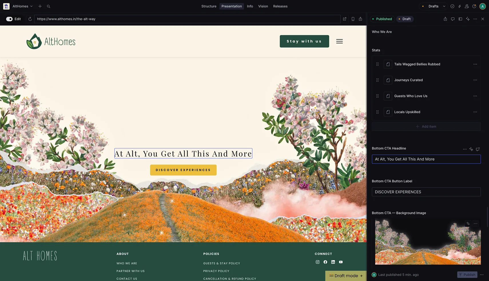 Althomes visual editing — clicking an element on the page opens its content field directly